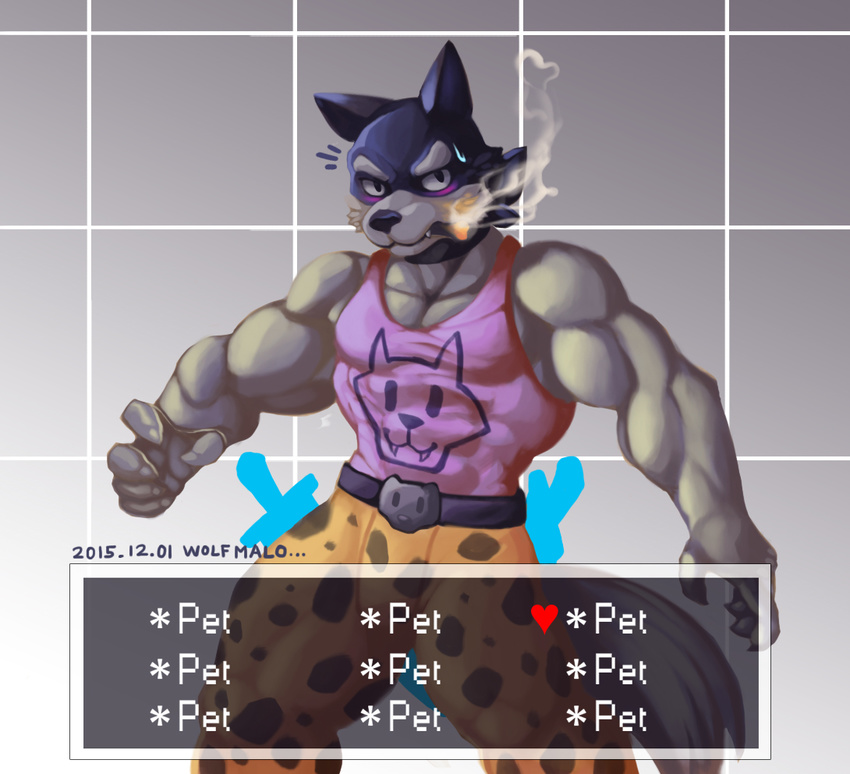 anthro biceps big_muscles canine clothed clothing dog doggo looking_at_viewer male mammal muscular muscular_male shirt smoking sweat sweatdrop tank_top undertale video_games wolfmalro