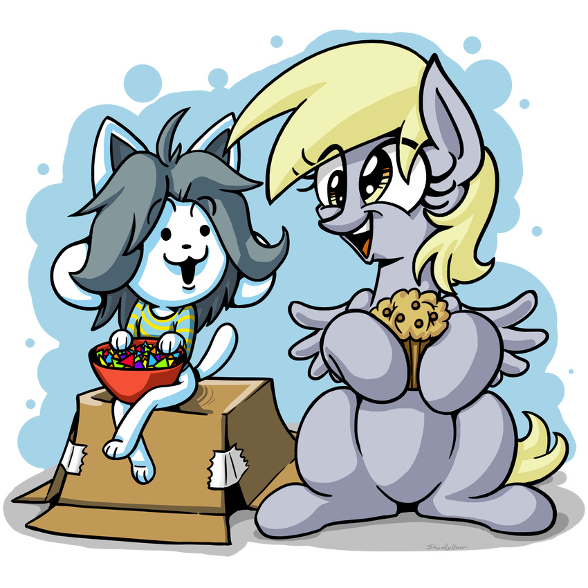 bowl canine cat crossover derp derpy_hooves_(mlp) dog duo equine feline female feral food friendship_is_magic horse hybrid mammal muffin my_little_pony open_mouth pegasus pony smile studlyhorn temmie_(undertale) undertale video_games wings