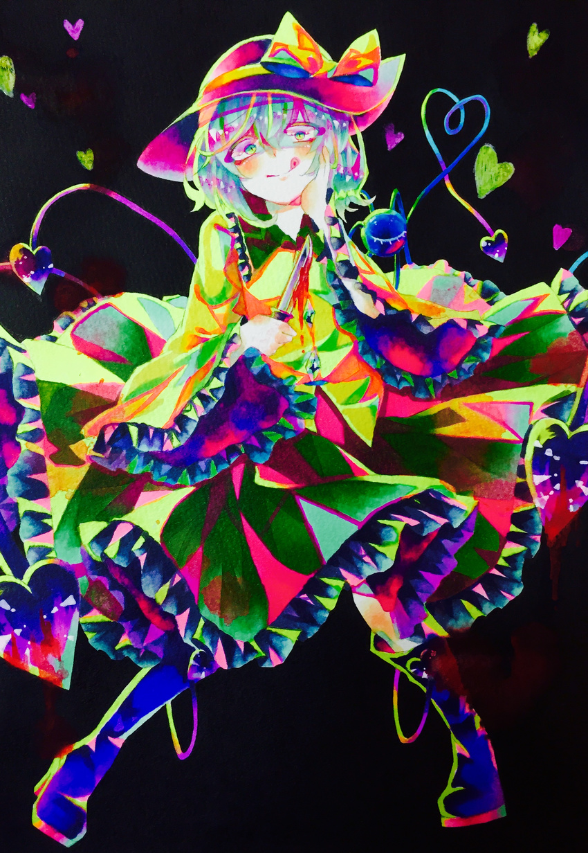 absurdres acid_trip aura black_background black_footwear blood bloody_knife blouse boots bow colorful commentary_request constricted_pupils crazy diamond_(shape) frilled_shirt_collar frilled_skirt frilled_sleeves frills full_body green_eyes green_skirt hair_between_eyes hat hat_bow heart heart_of_string high_heel_boots high_heels highres holding holding_knife knee_boots knife komeiji_koishi long_sleeves looking_at_viewer shinonome_myoke shiny shiny_hair shirt simple_background skirt solo tongue tongue_out touhou traditional_media wide_sleeves yellow_shirt