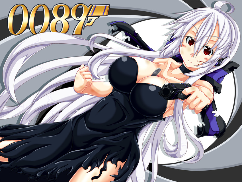 ahoge bare_shoulders between_breasts blood breasts cleavage commentary_request cuts dress formal gun handgun headset highres injury james_bond_(series) large_breasts long_hair looking_at_viewer misakana parody ponytail red_eyes ribbon side_slit silver_hair smile solo torn_clothes very_long_hair vocaloid voyakiloid weapon yowane_haku