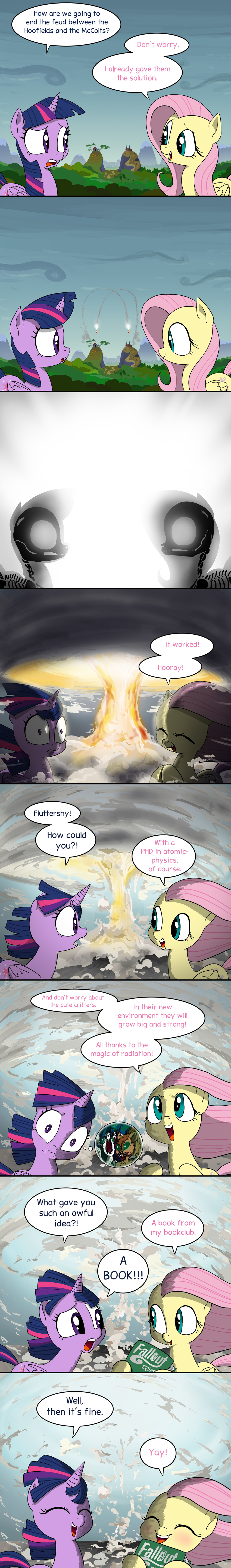 2015 absurd_res atomic_bomb bone book comic dialogue doublewbrothers english_text equine explosion female feral fluttershy_(mlp) friendship_is_magic fur hi_res hill horn horse mammal mushroom_cloud my_little_pony pegasus pony rocket skeleton sky text tree twilight_sparkle_(mlp) unicorn valley winged_unicorn wings