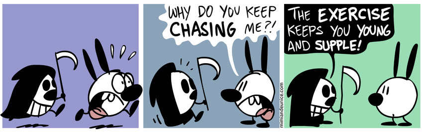 2010 ambiguous_gender cloak clothing comic death_(personification) duo english_text grim_reaper humor lagomorph mammal mimi_(character) nina_paley open_mouth rabbit running shocked text tongue tongue_out yelling