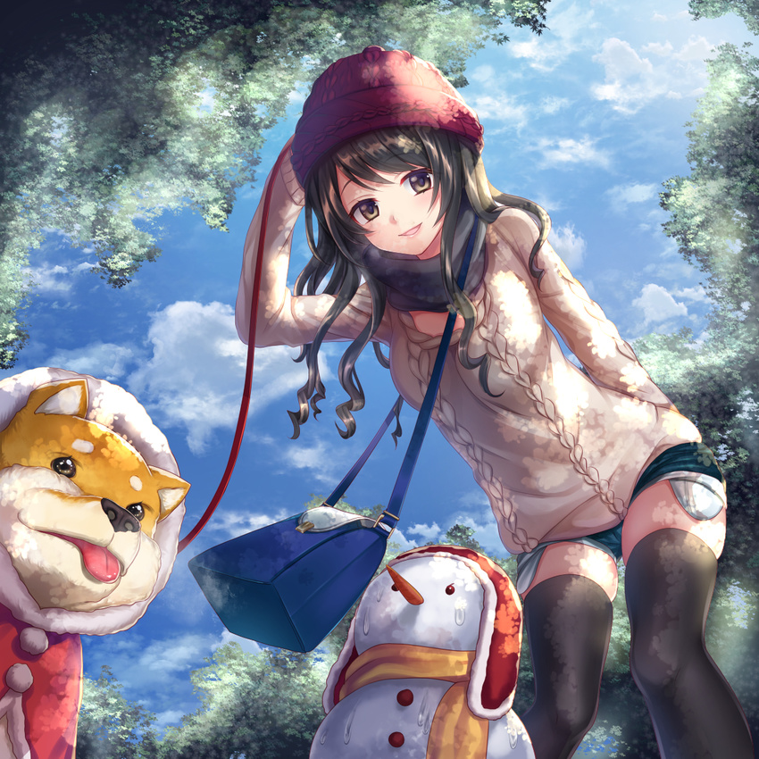 bad_id bad_pixiv_id black_hair brown_eyes dog dog_walking hanasaki_mahiru hat long_hair open_mouth original shiba_inu snowman solo thighhighs wavy_hair winter_clothes zettai_ryouiki