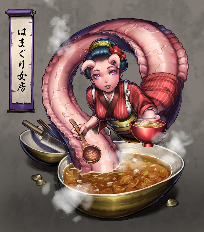 bowl breasts flower food hair_flower hair_ornament hamaguri_nyoubou hata_(pixiv4102938) highres japanese_clothes kimono knife ladle looking_at_viewer medium_breasts mole mole_under_mouth monster_girl original parted_lips pink_eyes solo youkai