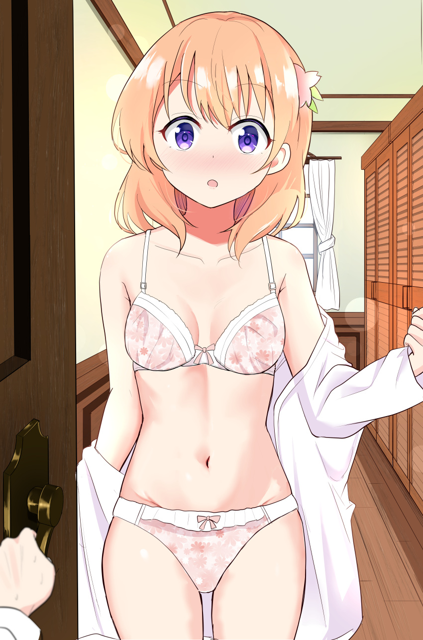 1girl 1other :o absurdres bangs bare_shoulders bow bow_bra bow_panties bra breasts brown_hair collarbone commentary_request curtains eyebrows_visible_through_hair gochuumon_wa_usagi_desu_ka? groin highres hoto_cocoa indoors kousaka_nobaku locker locker_room long_hair long_sleeves looking_at_viewer medium_breasts navel off_shoulder open_clothes open_door open_shirt panties parted_lips pink_bra pink_panties pov purple_eyes shirt sleeves_past_wrists solo_focus underwear white_shirt window wooden_floor