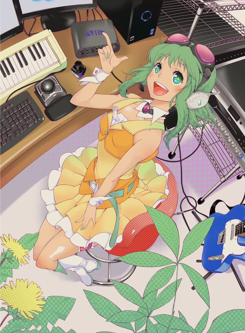 :d amethyst anklet bare_shoulders belt blush boots bottle buttons cable collarbone computer electric_guitar flower from_above gem green_eyes green_hair green_nails guitar gumi headphones headset highres hobby_(kento) index_finger_raised ink_bottle instrument jewelry keyboard_(instrument) leaf looking_at_viewer monitor nail_polish neck_ring open_mouth orange_skirt orange_vest plant screen short_hair sitting skirt sleeveless smile solo table telecaster trackball vocaloid white_footwear wrist_cuffs