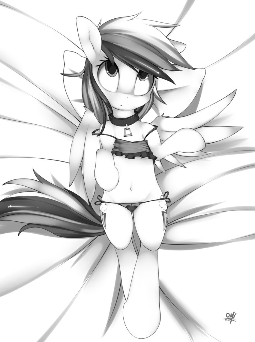 bed_sheet bird's-eye_view clothed clothing collar cutie_mark equine feathers female feral friendship_is_magic fur hair high-angle_shot lingerie looking_at_viewer lying mammal monochrome my_little_pony navel omiart panties pegasus pillow rainbow_dash_(mlp) smile solo underwear wings