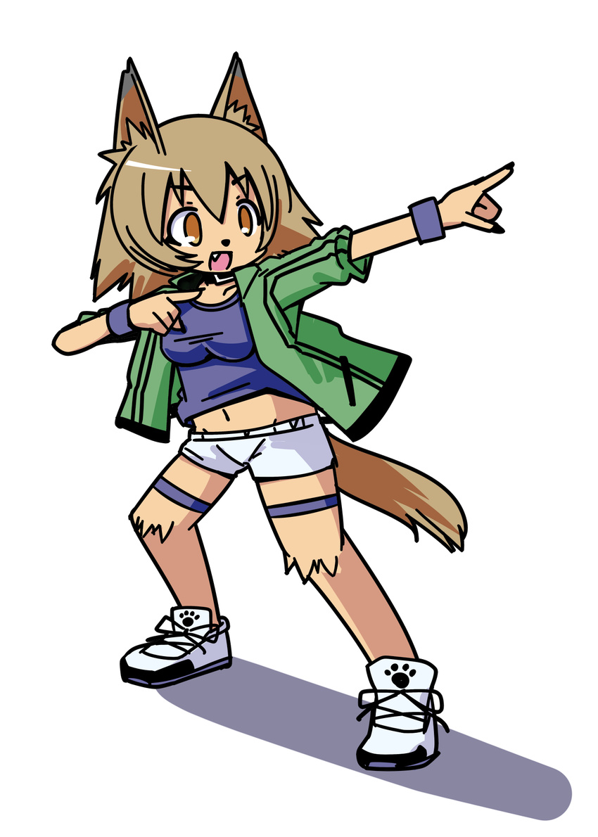 animal_ears brown_eyes brown_hair claws dog_ears dog_tail fang full_body fur furry highres kobold monster_girl monster_musume_no_iru_nichijou navel polt pose rolf_(artist) shadow simple_background solo sweatband tail usain_bolt white_background