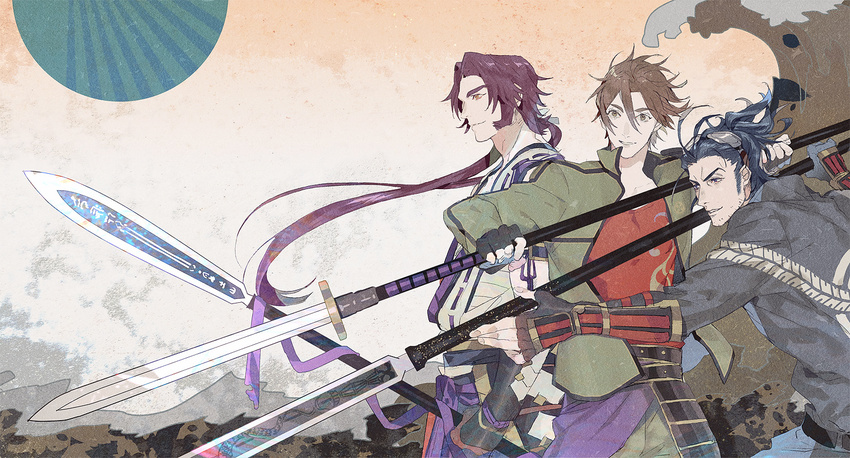 black_hair brown_eyes brown_hair facial_hair fingerless_gloves gloves goggles goggles_on_head male_focus multiple_boys nihongou_(touken_ranbu) orange_eyes otegine otsukaresanpo polearm ponytail red_hair siddham smile spear stubble tonbokiri tonbokiri_(touken_ranbu) touken_ranbu waving weapon yari