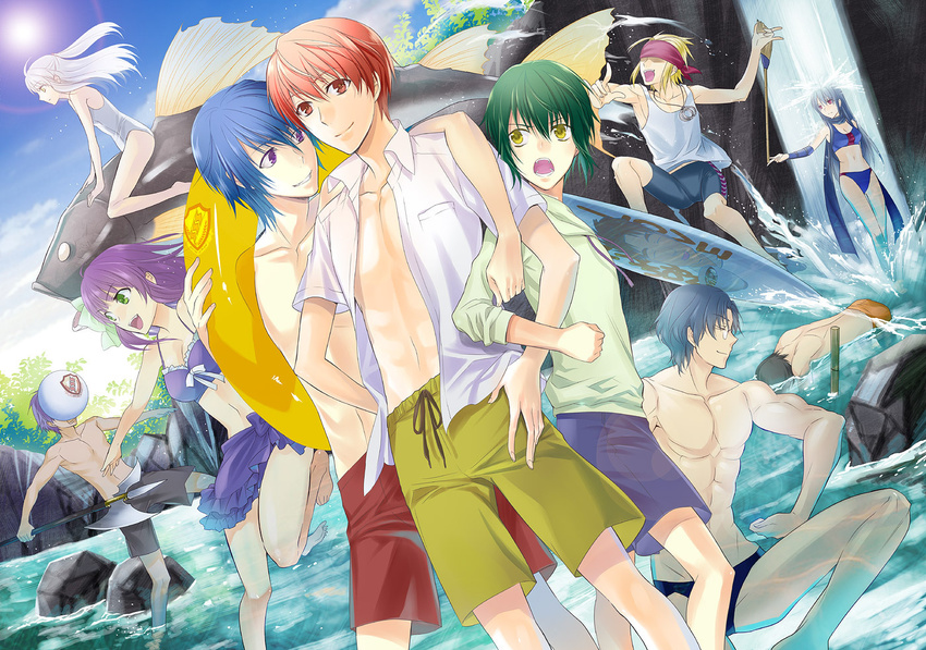 6+boys angel_beats! ball beachball bikini broom dress_shirt dutch_angle fish fujimaki_(angel_beats!) halberd hinata_(angel_beats!) hood hoodie kanou_ayumi male_swimwear multiple_boys multiple_girls naoi_ayato noda_(angel_beats!) otonashi_(angel_beats!) polearm riding rock shiina_(angel_beats!) shirt surfboard swim_briefs swim_trunks swimsuit swimwear takamatsu tenshi_(angel_beats!) tk_(angel_beats!) water waterfall weapon yuri_(angel_beats!)