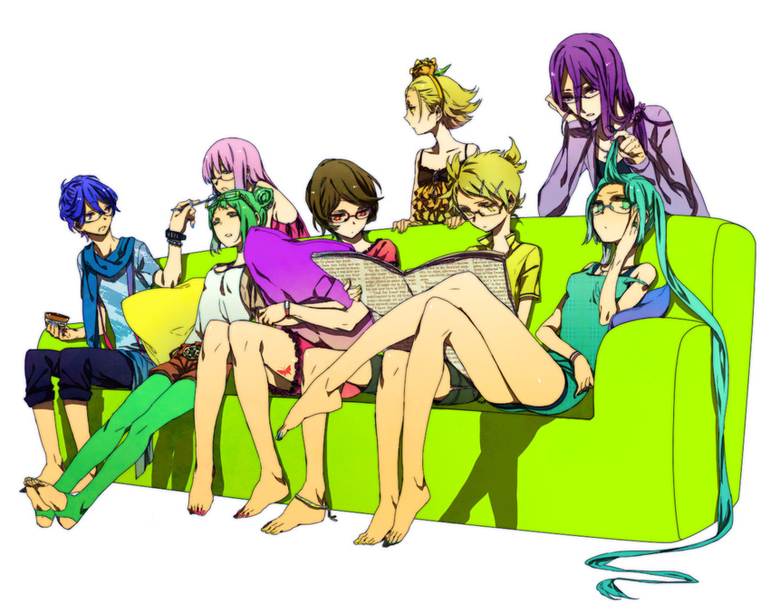 5girls anklet aqua_eyes aqua_hair aqua_nails bad_id bad_pixiv_id barefoot bespectacled blonde_hair blue_eyes blue_hair blue_nails blue_scarf brown_hair casual couch crossed_legs everyone flower glasses green_hair gumi hair_flower hair_ornament hairband hairclip hatsune_miku jewelry kagamine_len kagamine_rin kaito kamui_gakupo kunkun_(ysg) leggings legs long_hair megurine_luka meiko multiple_boys multiple_girls nail_polish necklace pillow pink_hair pink_nails purple_eyes purple_hair purple_nails reading red_eyes scarf short_hair simple_background sitting toeless_legwear toenail_polish trencker twintails very_long_hair vocaloid watch wristwatch yellow_eyes yellow_nails