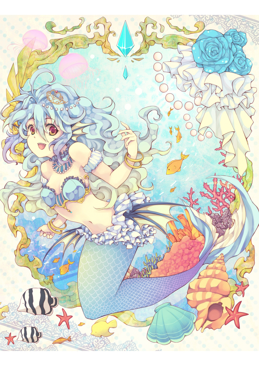 :d absurdres armlet arms_up bikini_top blue_flower blue_hair blue_rose bracelet butterflyfish choker conch coral fish flower frills gradient_hair hands head_fins highres jellyfish jewelry lace_background long_hair looking_at_viewer mermaid midriff monster_girl multicolored_hair navel open_mouth original pearl polka_dot polka_dot_background red_eyes robosuke rose scales seashell shell smile solo starfish tiara underwater wavy_hair