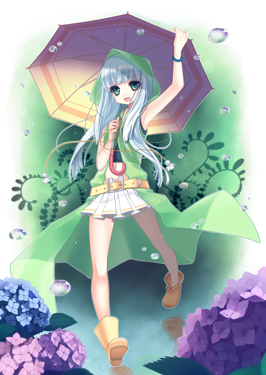 absurdres arm_up armpits bangs belt blue_hair blunt_bangs boots bracelet flower green_eyes happy highres hydrangea jewelry legs long_hair miniskirt nana_mikoto navel open_mouth original raincoat reflection ripples rubber_boots silver_hair skirt smile solo teruterubouzu umbrella water_drop yellow_footwear