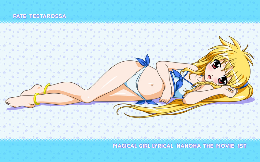 anklet barefoot bikini blonde_hair fate_testarossa highres jewelry legs long_hair lyrical_nanoha mahou_shoujo_lyrical_nanoha mahou_shoujo_lyrical_nanoha_the_movie_1st navel red_eyes solo swimsuit twintails vector_trace wallpaper