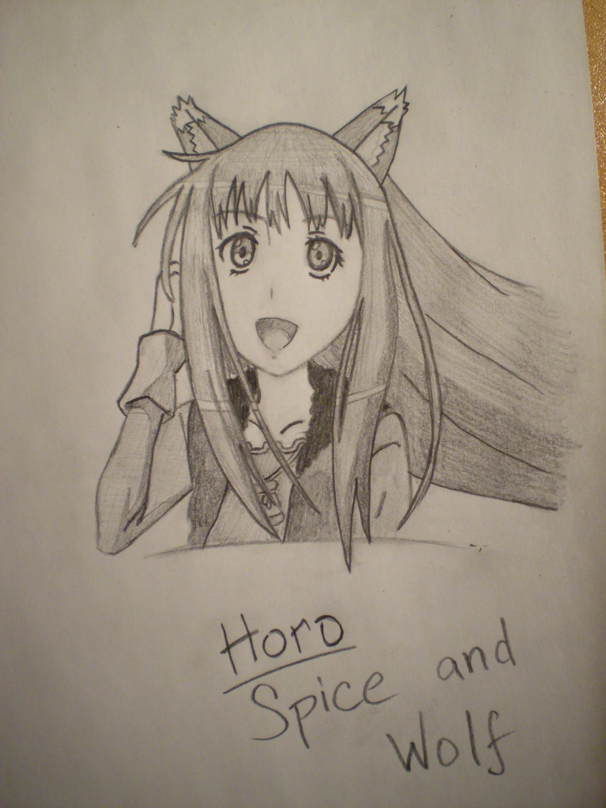absurdres animal_ears highres holo long_hair manod monochrome pencil smile solo spice_and_wolf wolf_ears