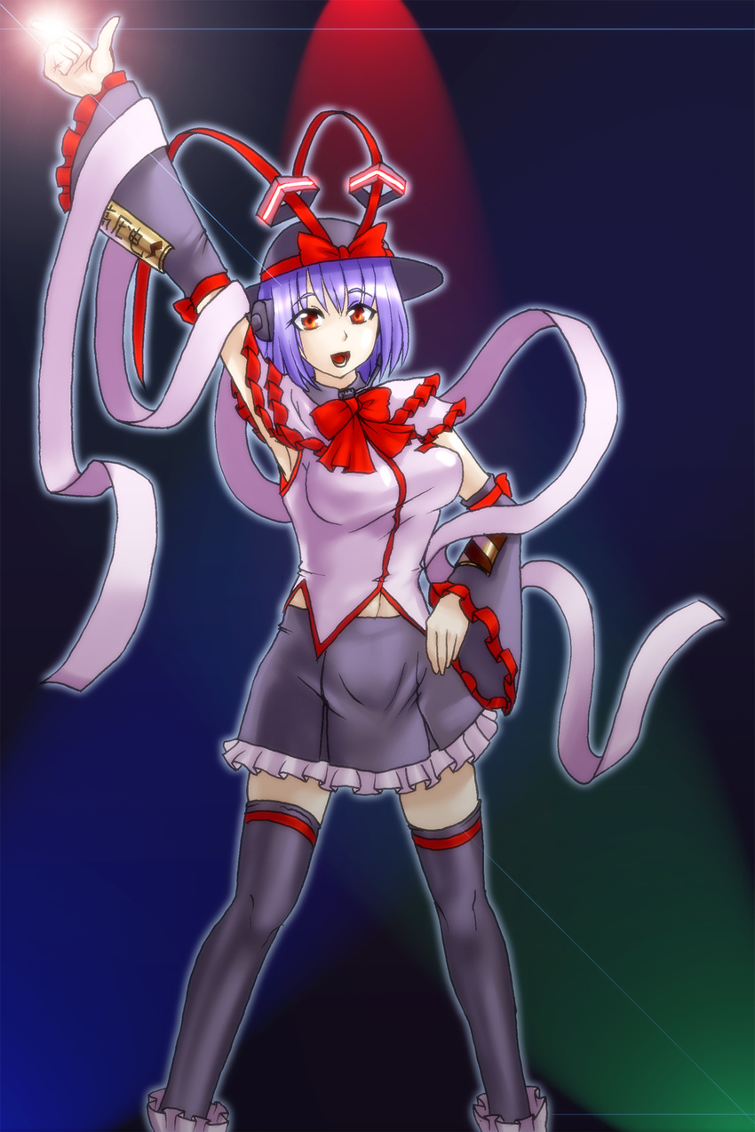 chachami_ashu detached_sleeves hat highres nagae_iku parody purple_hair red_eyes saturday_night_fever short_hair solo thighhighs touhou vocaloid