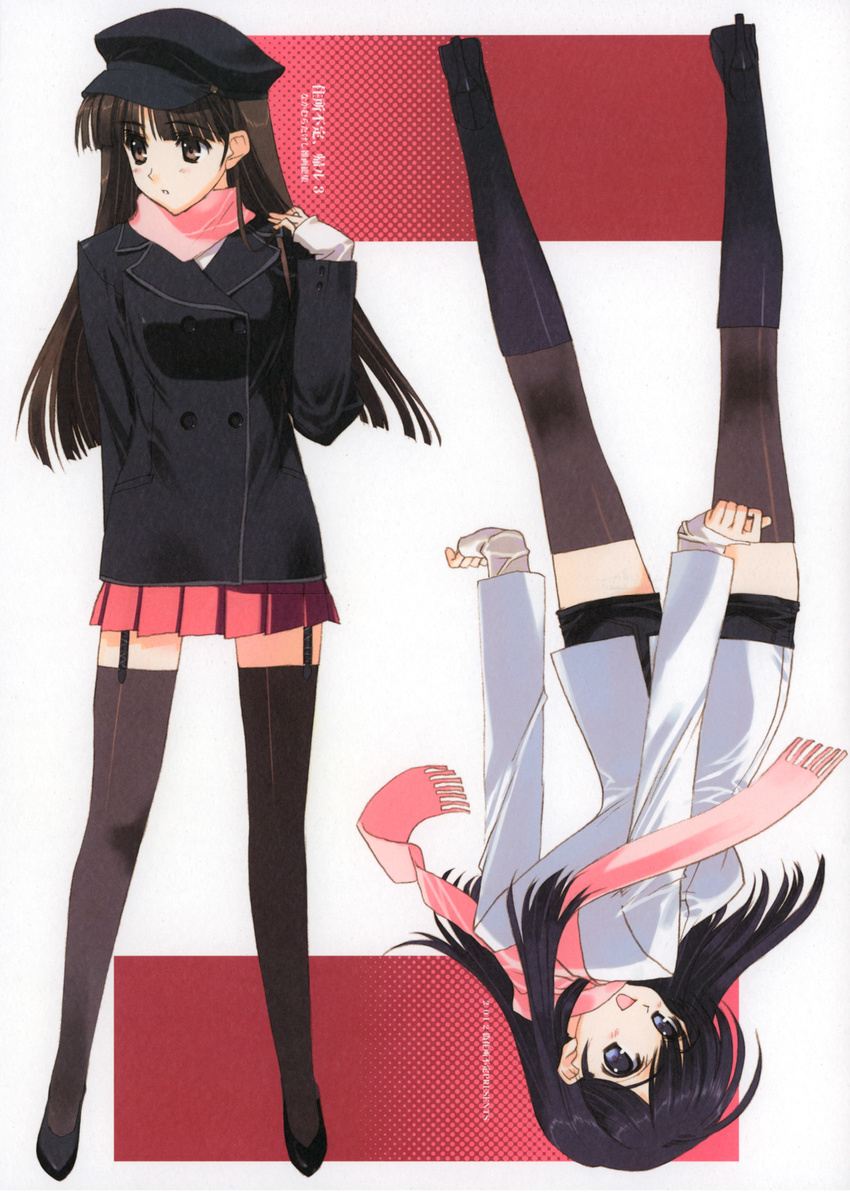 black_hair black_legwear blue_eyes boots brown_eyes brown_hair hat high_heels highres knee_boots long_hair looking_at_viewer looking_away looking_back multiple_girls nakamura_takeshi non-web_source pleated_skirt shorts simple_background skirt smile thighhighs zettai_ryouiki