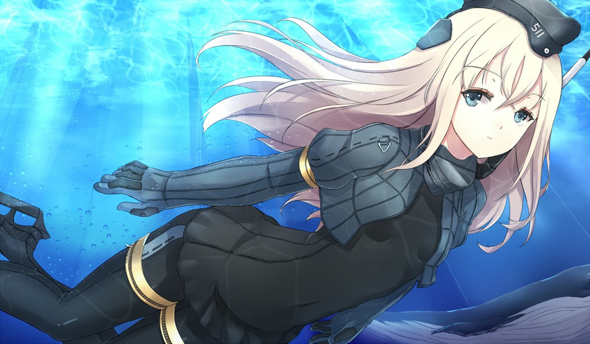 animal asya black_jacket black_legwear blonde_hair blue_eyes blue_whale bodysuit breasts covered_navel diving fins gauntlets hat jacket jewelry kantai_collection light_rays long_hair mini_hat open_clothes open_jacket skin_tight small_breasts smile solo swimming swimsuit swimsuit_under_clothes thigh_strap u-511_(kantai_collection) underwater water whale