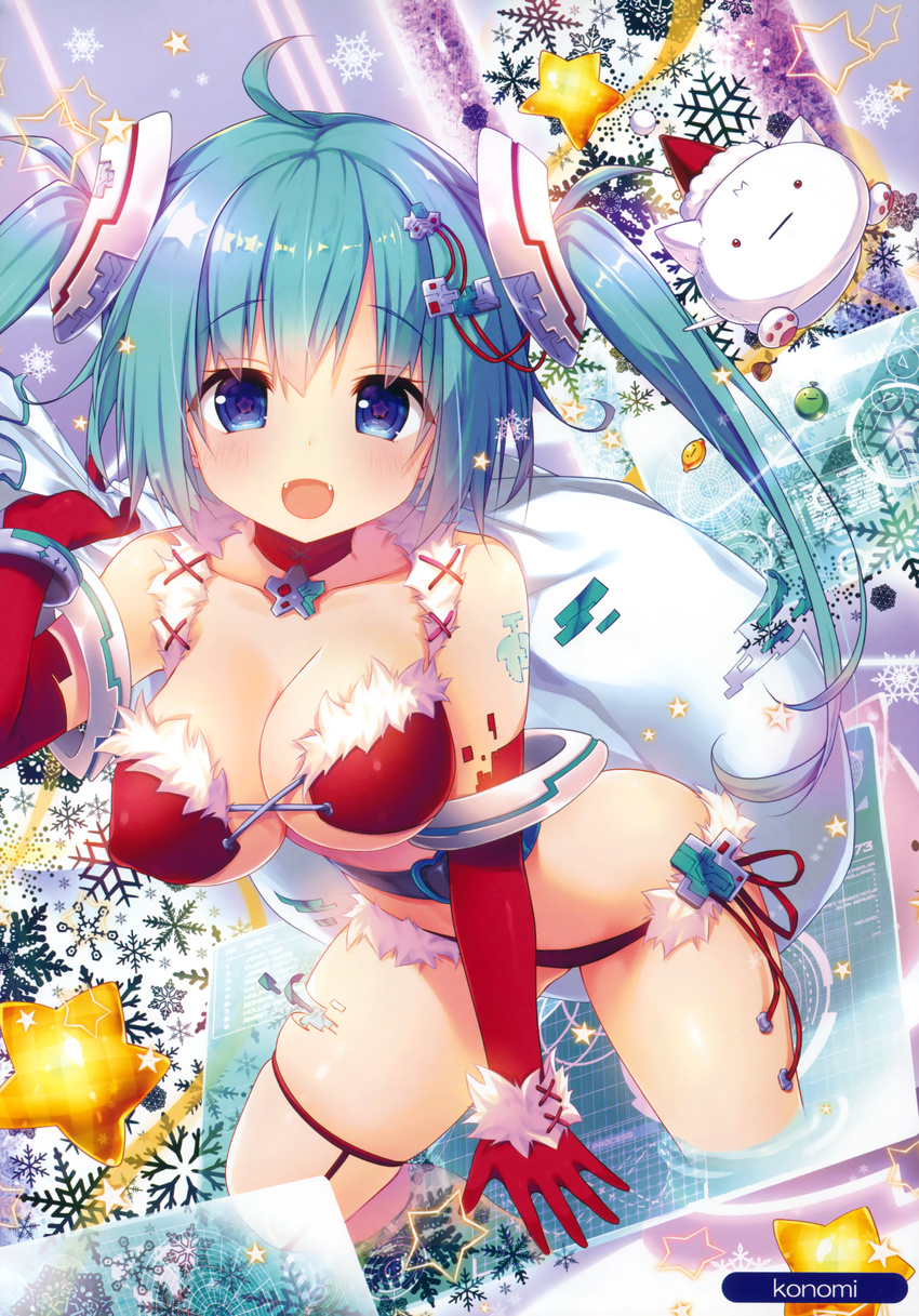 :d absurdres ahoge armlet banned_artist bikini blue_eyes blue_hair blush bracelet breasts cleavage detached_collar elbow_gloves fangs fur_trim gloves highres jewelry konomi_(kino_konomi) large_breasts leg_up long_hair looking_at_viewer melonbooks open_mouth red_bikini red_gloves ribbon sack scan smile snowflakes solo star star-shaped_pupils swimsuit symbol-shaped_pupils thigh_ribbon twintails very_long_hair