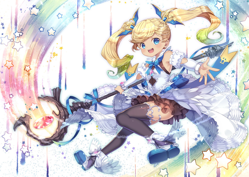 :d armpits blonde_hair blue_eyes capura_lin detached_sleeves dress frilled_skirt frills gem granblue_fantasy hair_ornament heart io_euclase long_hair multicolored_hair open_mouth ribbon shoes skirt smile solo staff star thighhighs twintails winged_shoes wings zettai_ryouiki