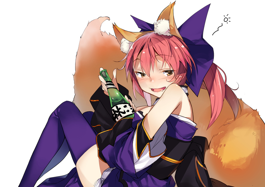 alcohol animal_ears bare_shoulders blush bottle bow breasts brown_eyes drunk fate/extra fate_(series) fox_ears fox_tail hair_bow highres kange medium_breasts pink_hair purple_legwear short_hair simple_background smile solo tail tamamo_(fate)_(all) tamamo_no_mae_(fate) thighhighs white_background