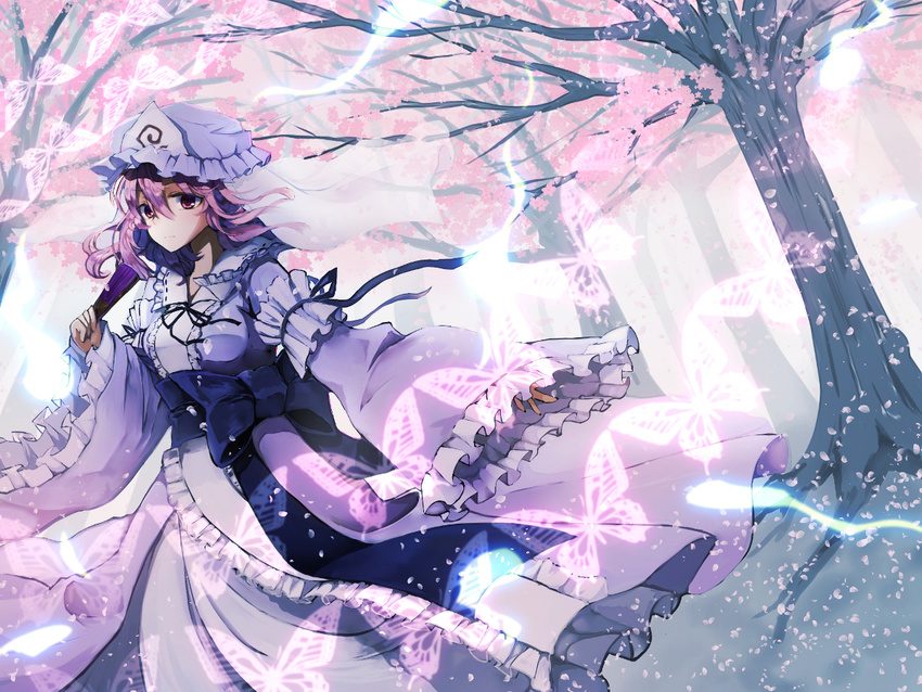arm_ribbon bad_id bad_pixiv_id blue_dress bug butterfly cherry_blossoms dress fan folding_fan forest furapechi hat hitodama insect long_sleeves mob_cap nature outstretched_arm petals pink_eyes pink_hair ribbon saigyouji_yuyuko sash solo touhou tree triangular_headpiece veil wide_sleeves