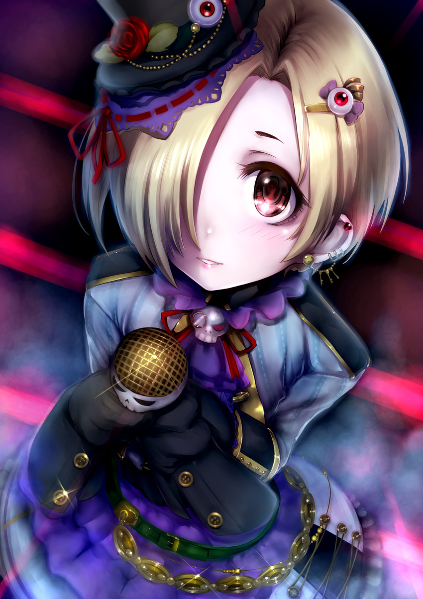 bad_id bad_pixiv_id belt black_gloves blonde_hair blush dress ear_piercing gloves hair_ornament hair_over_one_eye hat highres idolmaster idolmaster_cinderella_girls looking_at_viewer microphone parted_lips piercing red_eyes shirasaka_koume short_hair smile solo top_hat yummy_yoi