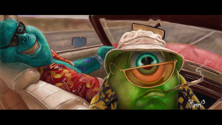 andy_timm aqua_eyes blue_eyes boonie_hat car cigarette cigarette_holder commentary cyclops driving fear_and_loathing_in_las_vegas fur green_skin grin ground_vehicle hawaiian_shirt james_p._sullivan letterboxed looking_back michael_wazowski monster_boy monsters_inc. motor_vehicle multiple_boys one-eyed parody shirt smile smoking sunglasses wide-eyed