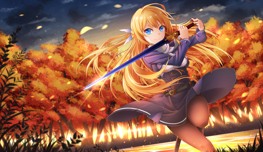 autumn autumn_leaves belt blonde_hair blue_eyes evening half_updo healther highres leaf lens_flare long_hair looking_at_viewer original pantyhose skirt smile solo sunset sword weapon wind wind_lift