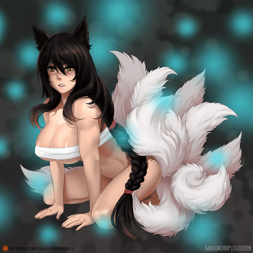 ahri all_fours animal_ears areola_slip areolae black_hair bottomless braid breasts brown_eyes budget_sarashi cleavage commentary fox_ears fox_tail full_body gao_(gaolukchup) highres kneeling large_breasts league_of_legends long_hair multiple_tails patreon_logo patreon_username revision sarashi single_braid solo tail underboob very_long_hair watermark web_address whiskers