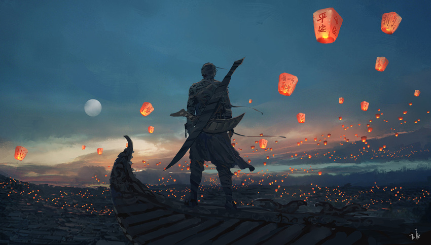 chinese city cityscape cloud ghostblade highres lantern moon on_roof paper_lantern rooftop sky sky_lantern sword two-handed_sword weapon wide_shot wlop