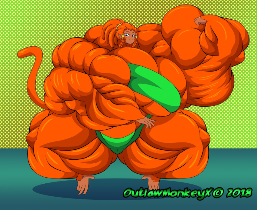 2018 abs amazon anthro barefoot biceps big_breasts breasts camel_toe clothed clothing crouching digital_media_(artwork) female flexing fmg fur growth hair hyper hyper_muscles mammal monkey muscle_growth muscular muscular_female orange_fur outlawmonkeyx panties primate smile solo thick_thighs underwear