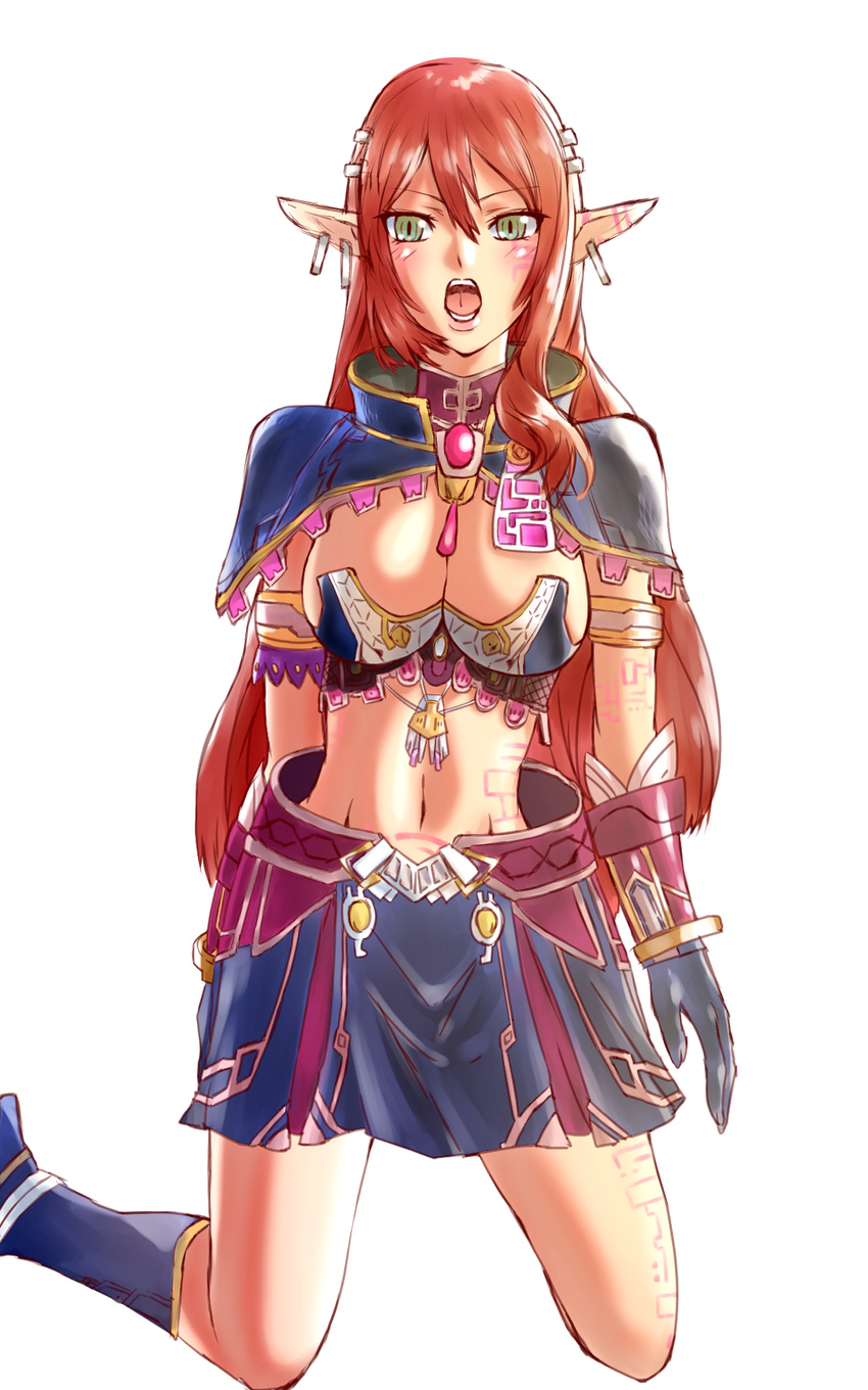 blush boots breasts cleavage earrings elf gloves green_eyes highres jewelry katanbina_(gbln22211) large_breasts long_hair midriff myuria_tionysus pink_hair pointy_ears solo star_ocean star_ocean_the_last_hope tattoo