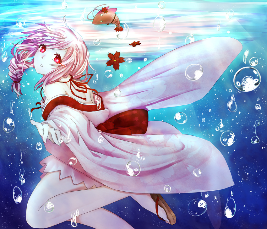 air_bubble bare_shoulders blush braid breath bubble cherry_blossoms diving flower freediving geta hair_flower hair_ornament highres holding_breath japanese_clothes kimono long_hair miyouu open_mouth pink_hair red_eyes sandals sergestid_shrimp_in_tungkang shrimp single_braid solo swimming underwater xuan_ying