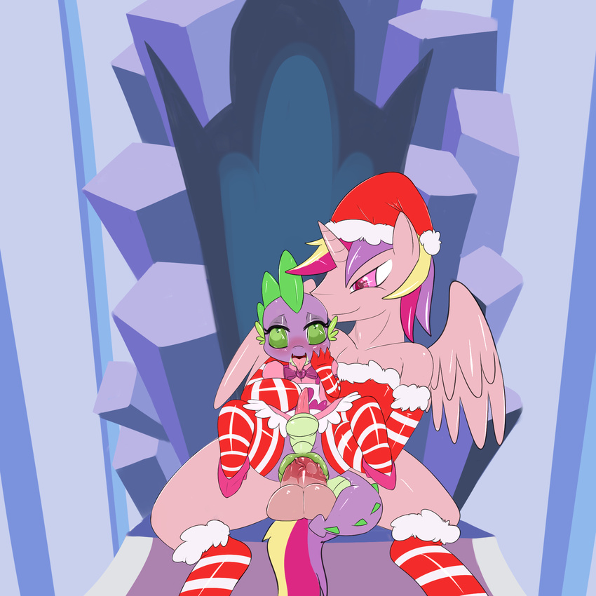 2015 anal anal_penetration animal_genitalia anthro anus balls blush christmas crossgender dragon duo equine erection friendship_is_magic girly holidays horn horsecock male male/male mammal my_little_pony penetration penis princess_cadance_(mlp) saurian_(artist) sex spike_(mlp) winged_unicorn wings