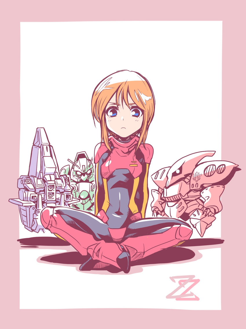 blue_eyes border chibi gundam gundam_zz highres indian_style ishiyumi looking_at_viewer mecha orange_hair pilot_suit psyco_gundam_mk_ii puru_two qubeley_mk_ii quin_mantha shadow short_hair sitting