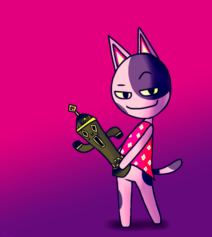 animal_crossing animal_humanoid artifact bob_(animal_crossing) cat cat_humanoid cat_tail collectible feline flower_shirt grin gyroid hi_res humanoid j.f looking_at_viewer mammal nintendo open_mouth pink_shirt purple_cat purple_spotted_cat raised_eyebrow smile spotted_cat video_games