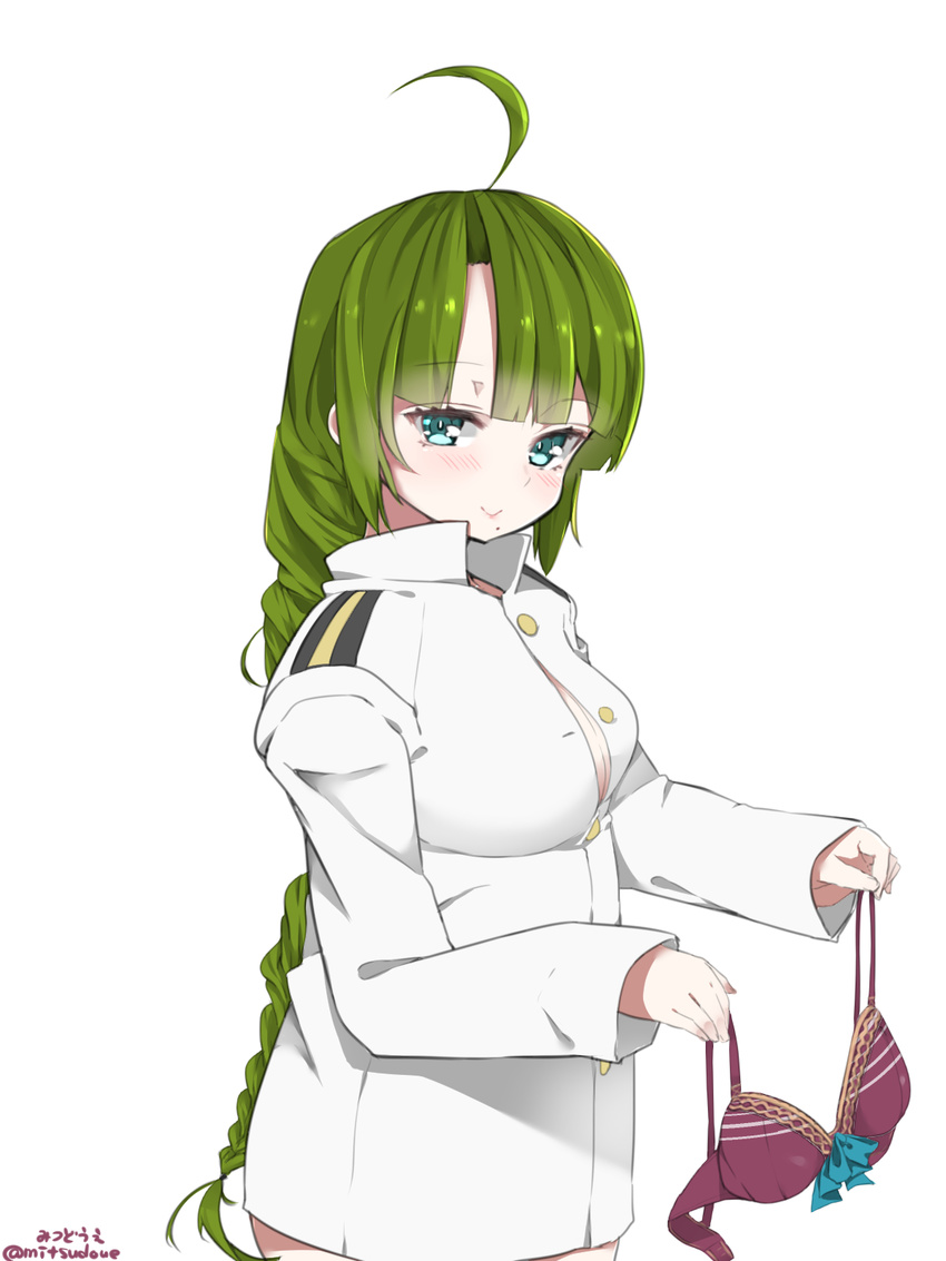 :&gt; ahoge blue_bra blue_eyes blush bow bow_bra bra bra_removed braid green_hair highres holding holding_bra kantai_collection long_hair looking_at_viewer military military_uniform mitsudoue mole mole_under_mouth naked_coat purple_bra single_braid solo twitter_username underwear uniform very_long_hair white_background yuugumo_(kantai_collection)