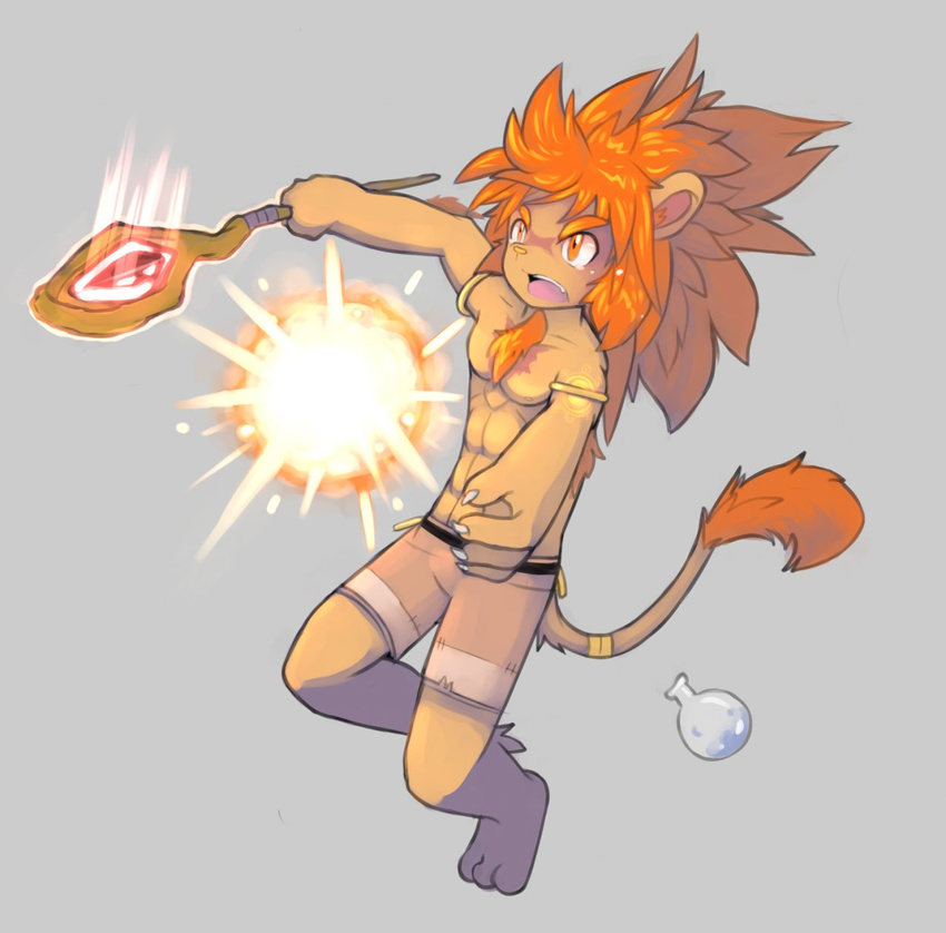 abs action_pose anthro armlet barefoot clothed clothing feline half-dressed hi_res lion magic male mammal mane open_mouth pecs pyro_(whiteleo) shorts solo staff topless whiteleo