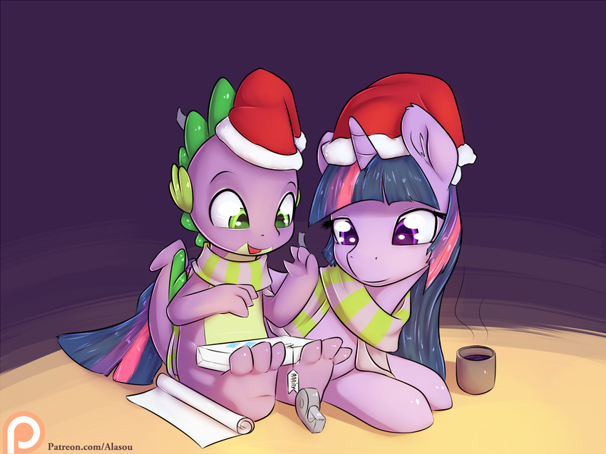 2015 alasou christmas cup dragon duo equine female feral friendship_is_magic fur gift green_eyes hair hat holidays horn male mammal multicolored_hair my_little_pony patreon purple_eyes purple_fur santa_hat scarf spike_(mlp) tape twilight_sparkle_(mlp) unicorn wrapping_paper