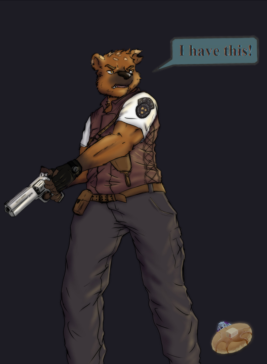 anthro barry_burton bear biohazard clothed clothing gun handgun hi_res male mammal menebunny officer police ranged_weapon resident_evil solo star uniform video_games weapon