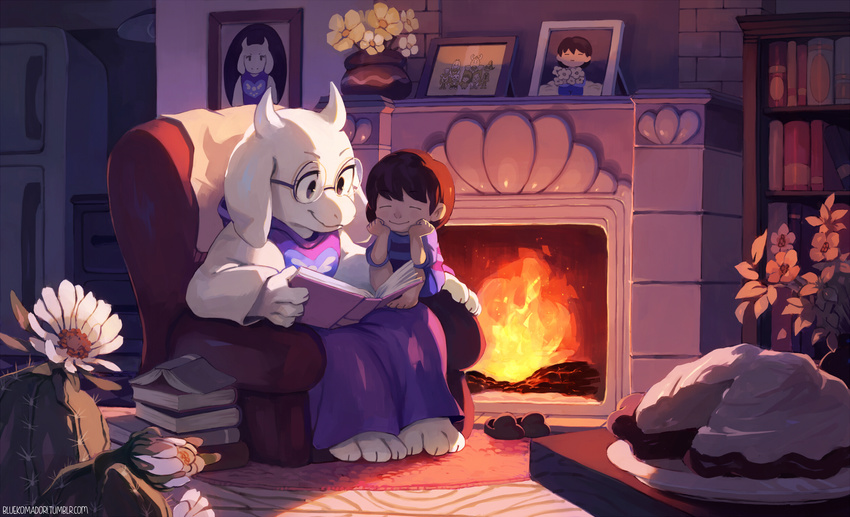 alphys androgynous animal_ears artist_name asgore_dreemurr barefoot bespectacled bluekomadori book book_stack bookshelf brown_hair cactus chair closed_eyes fire fireplace flower food frisk_(undertale) full_body glasses goat_ears goat_girl hands_on_own_face highres horns indoors long_sleeves monster_girl motherly open_book papyrus_(undertale) photo_(object) pie portrait_(object) reading refrigerator rug sans shirt shoes_removed short_hair sitting smile striped striped_shirt toriel tumblr_username undertale undyne watermark web_address