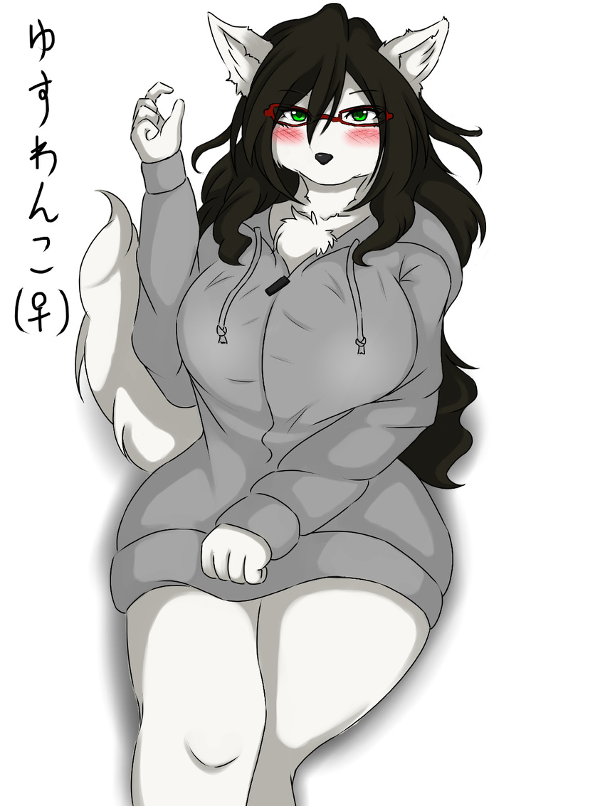 anthro big_breasts black_hair black_nose blush breasts canine chest_tuft clothing dog eyewear female fur glasses green_eyes hair hi_res hoodie houou_yus-dragonute huge_breasts japanese_text long_hair looking_at_viewer mammal simple_background sitting solo text tuft white_background white_fur yus-ts