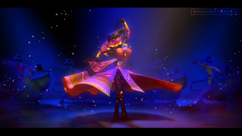 belly_dancer blue_light breasts cinematic clothing colorful dancing demon dress female hi_res jessica_anner petals purple_scales scales silk stage succubus xelthia