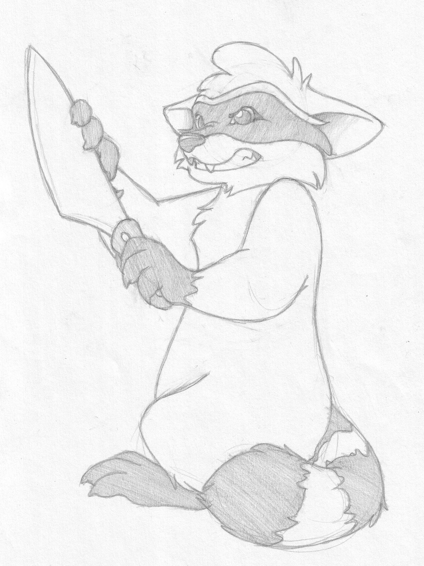 absurd_res greyscale grin hi_res knife male mammal mizzyam monochrome nude pencil_(artwork) raccoon semi-anthro sharp_teeth solo standing teeth traditional_media_(artwork) uhoh vice_(mizzyam)