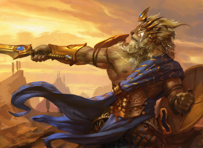 2014 anthro armpits beard belt biceps blonde_hair cape claws clothed clothing cloud cool_colors crown detailed digital_media_(artwork) facial_hair feline front_view fur hair half-dressed jewelry king lion loincloth long_hair magic_the_gathering male mammal mane melee_weapon muscular nipples official_art outside peter_mohrbacher raised_arm royalty scar shield sky solo standing sunset sword topless tree vein warrior weapon whiskers yellow_eyes yellow_fur