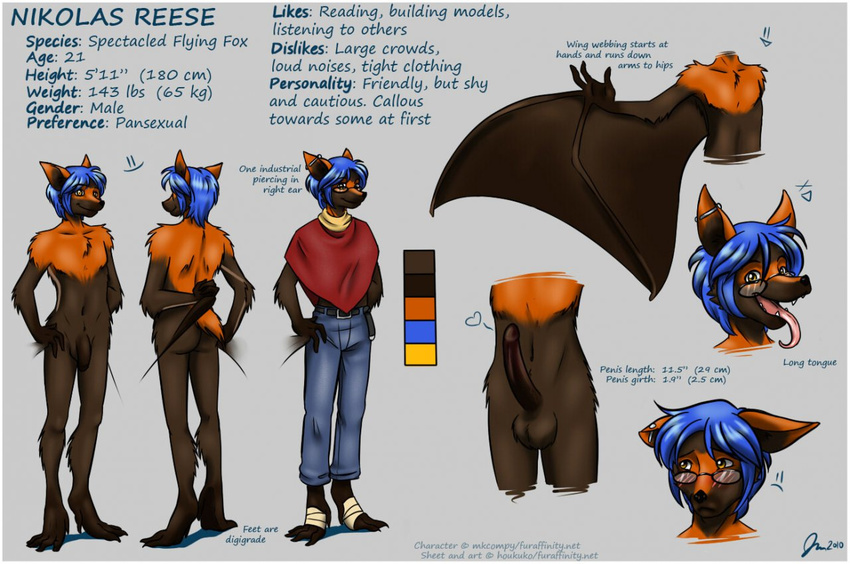 anthro bat blue_hair brown_fur clothed clothing flying_fox fruit_bat fur hair houkuko mammal model_sheet nikolas_reese nude orange_eyes orange_fur penis piercing simple_background solo spectacled_flying_fox wings yellow_eyes