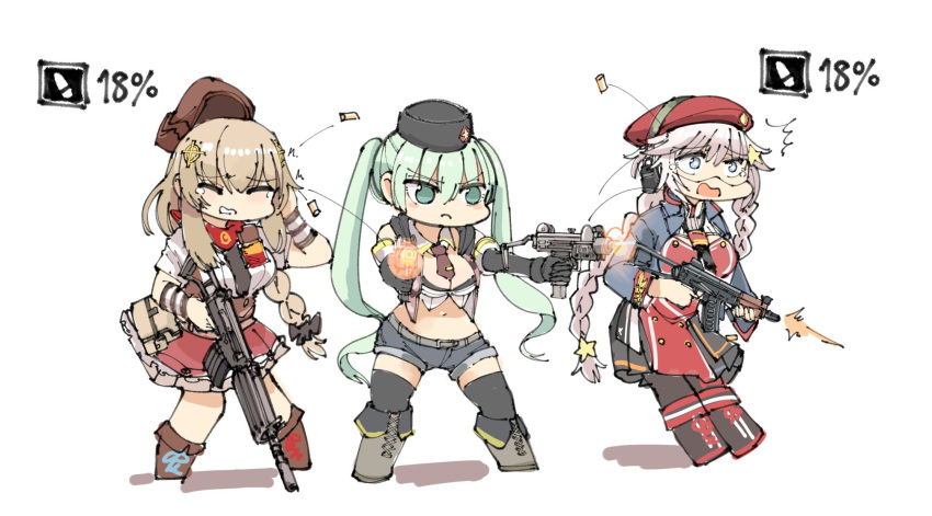 3girls arm_warmers armband assault_rifle bangs belt beret bikini black_bikini black_legwear blonde_hair blue_eyes blue_shorts blush braid breasts brown_hair denim denim_shorts dress eyebrows_visible_through_hair fn_fnc fn_fnc_(girls_frontline) girls_frontline gloves green_eyes green_hair gun hair_ornament hair_ribbon hat highres large_breasts long_hair medium_breasts micro_uzi micro_uzi_(girls_frontline) multiple_girls navel necktie omnisucker ots-12 ots-12_(girls_frontline) red_dress red_skirt ribbon rifle shell_casing shirt shorts silver_hair skirt star star_hair_ornament swimsuit thighhighs twin_braids twintails weapon white_shirt