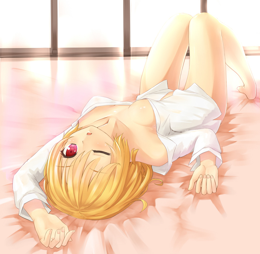 :o arm_above_head bare_legs barefoot blonde_hair bottomless breasts ex-rumia foreshortening highres legs long_sleeves looking_at_viewer lying naked_shirt on_back one_eye_closed open_mouth red_eyes rumia shiron_(e1na1e2lu2ne3ru3) shirt small_breasts solo touhou upside-down