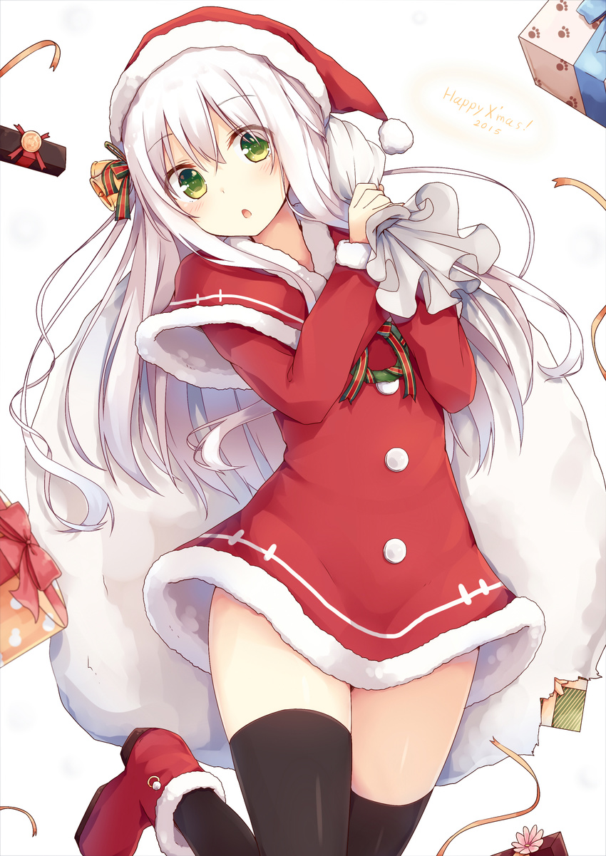 2015 :o absurdres ankle bag black_legwear blush boots capelet christmas dated dress feet_out_of_frame fur_trim gift green_eyes hat highres holding holding_bag leg_up long_hair merry_christmas mitoko_(tsuchikure) one_side_up open_mouth original paw_print red_capelet sack santa_costume santa_hat solo thighhighs thighs tsuchikure very_long_hair